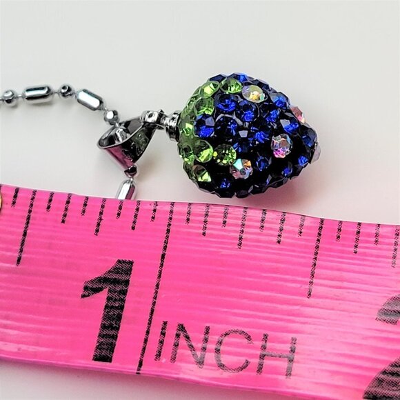 STRAWBERRY Shape Mini Aqua Blue and Lime Green Rhinestone Small Pendant Necklace - Picture 10 of 12